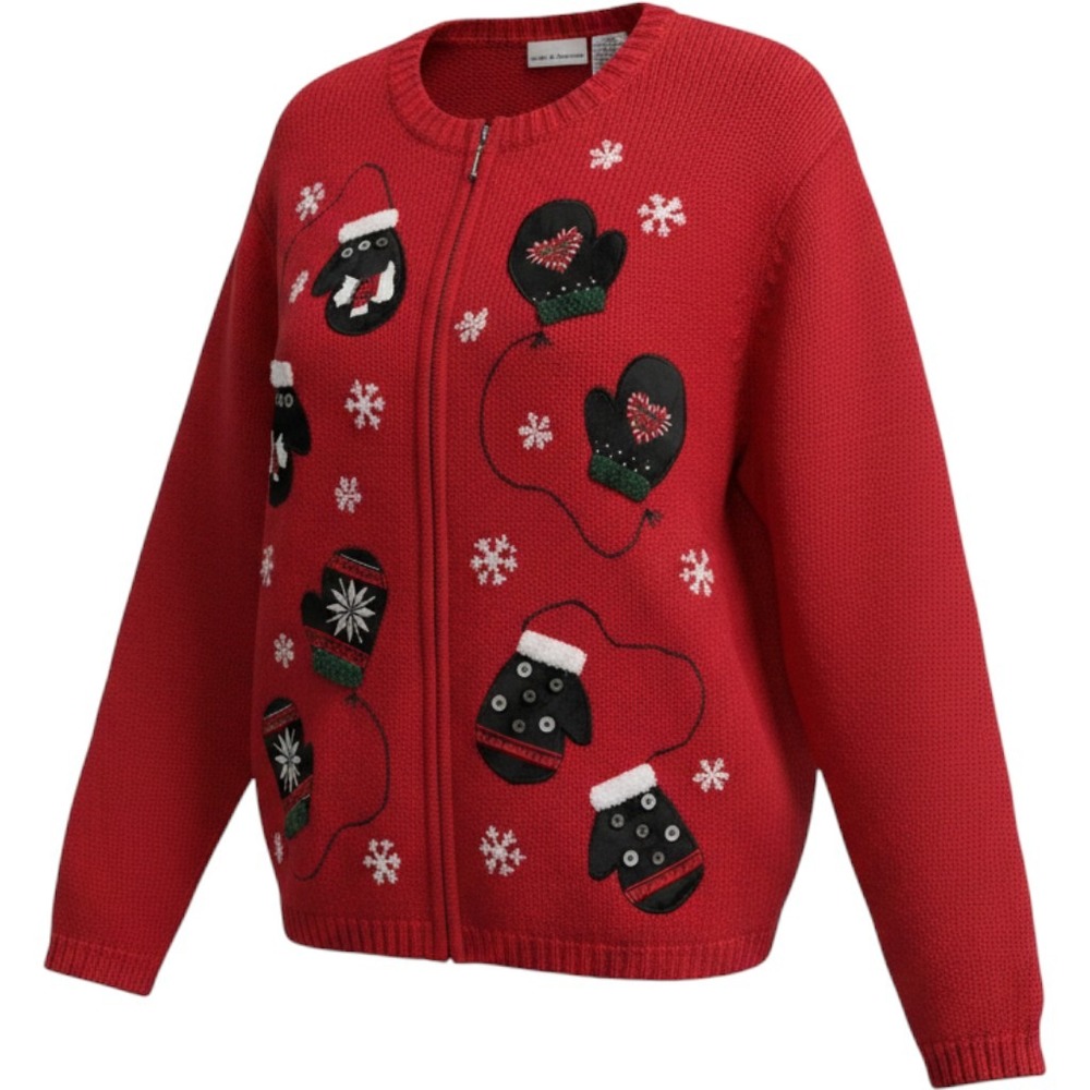 Croft & Barrow Red Mitten Snowflake Zip Up Holiday Cardigan Sweater Womens XL